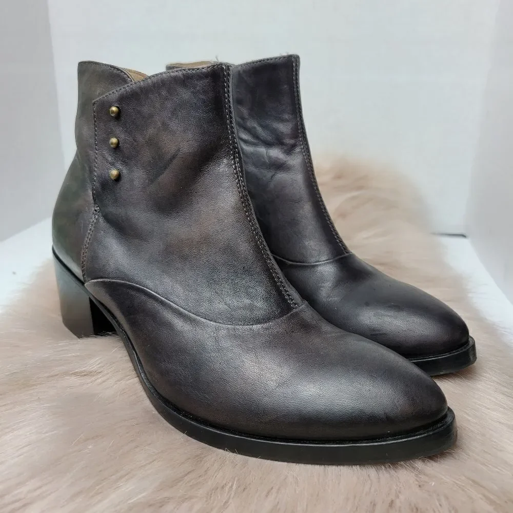 Italeau Handmade Brown Leather Pointed Toe Zipper Ankle Bootie Shoes Size 6.5